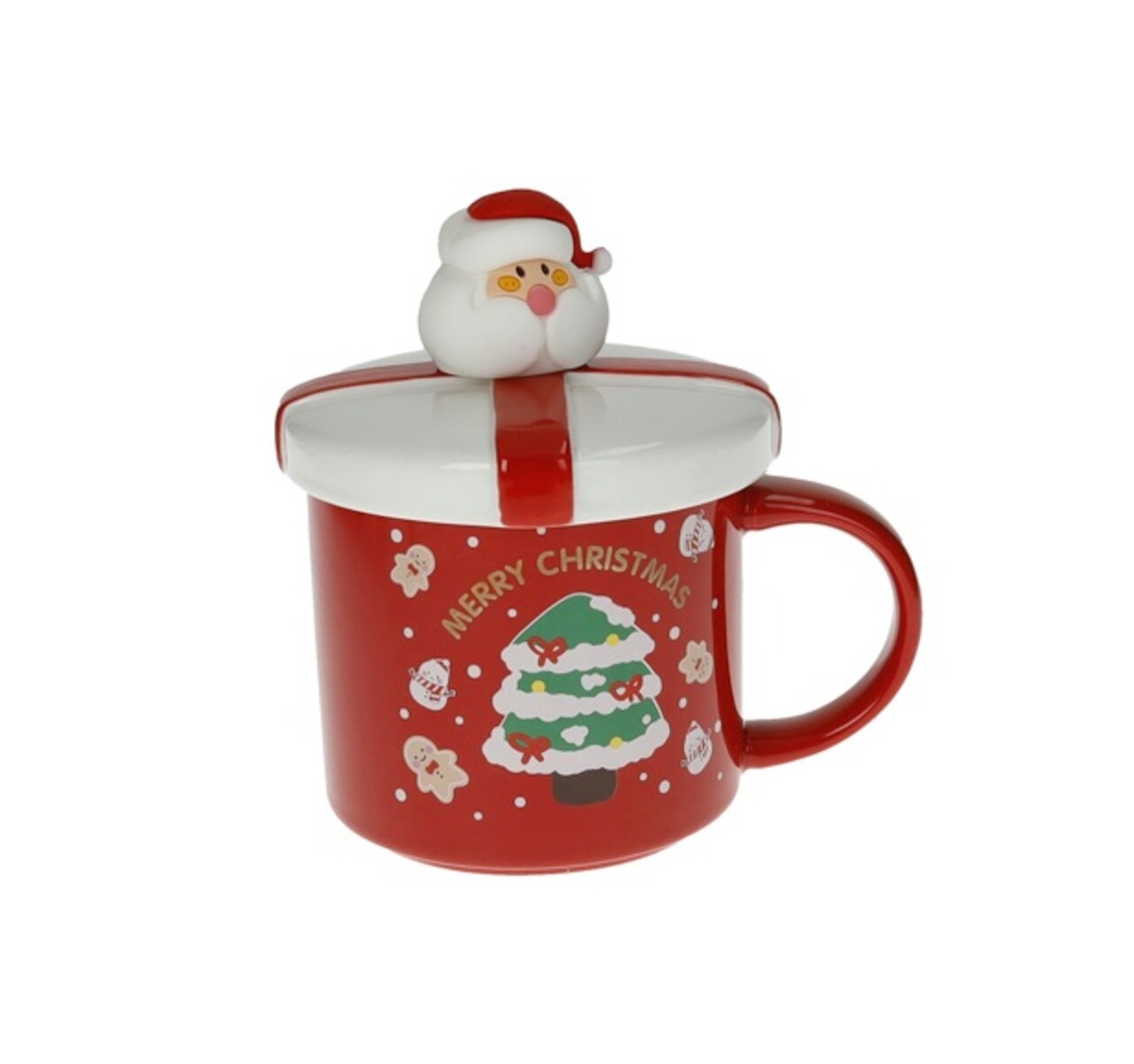 Cana cu capac si lingurita, Father Xmas Red Gold, Brandani, 10x13.5 cm, portelan New Bone China - imagine 5